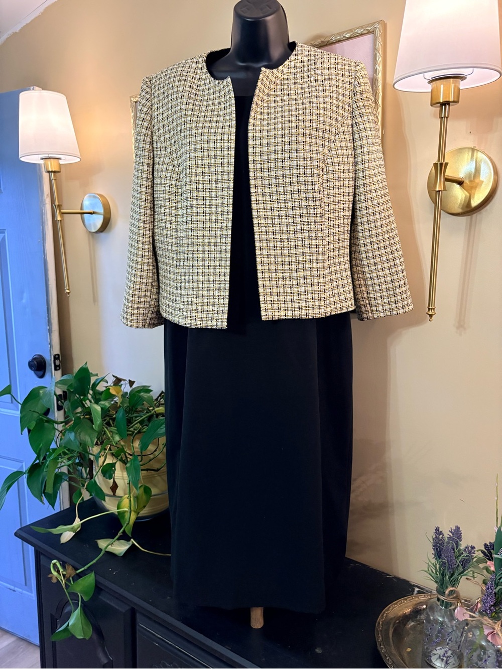 Evan Picone Two Piece black Dress and Yellow/black/white Jacket, Size 12